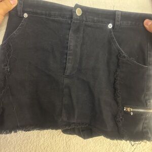 Black Denim Mini Skirt with Frayed Hem